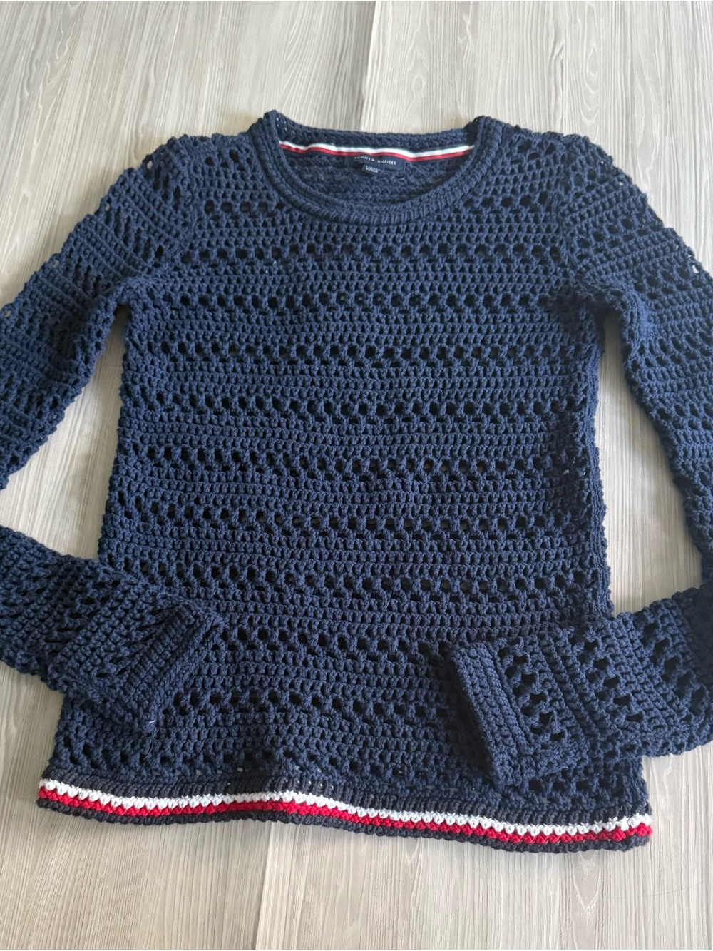 Tommy Hilfiger Navy Openwork Crewneck Sweater with Red & White Trim